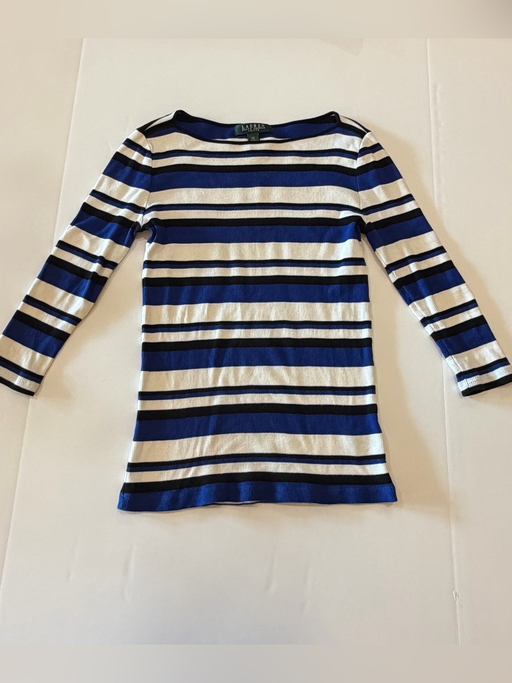 Lauren Ralph Lauren Petite PS 3/4 Sleeve Boat Neck Striped Cotton Knit Top